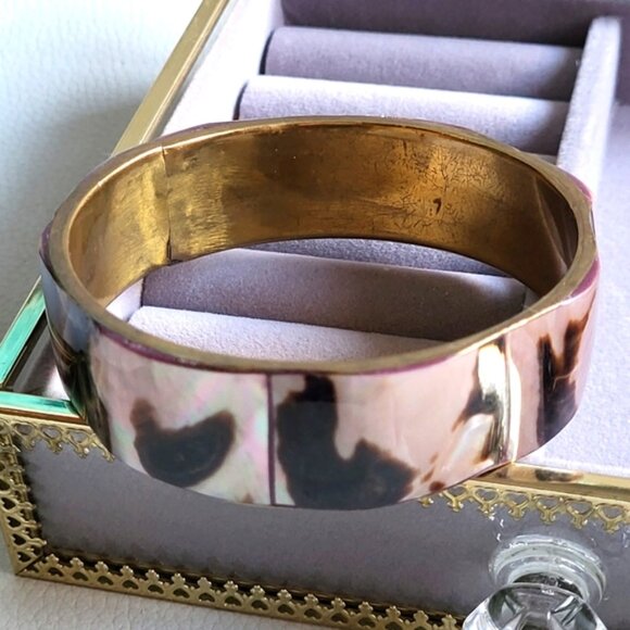 Vintage Brass Abalone Shell Round Bangle Bracelet Handcrafted Boho - Picture 5 of 8